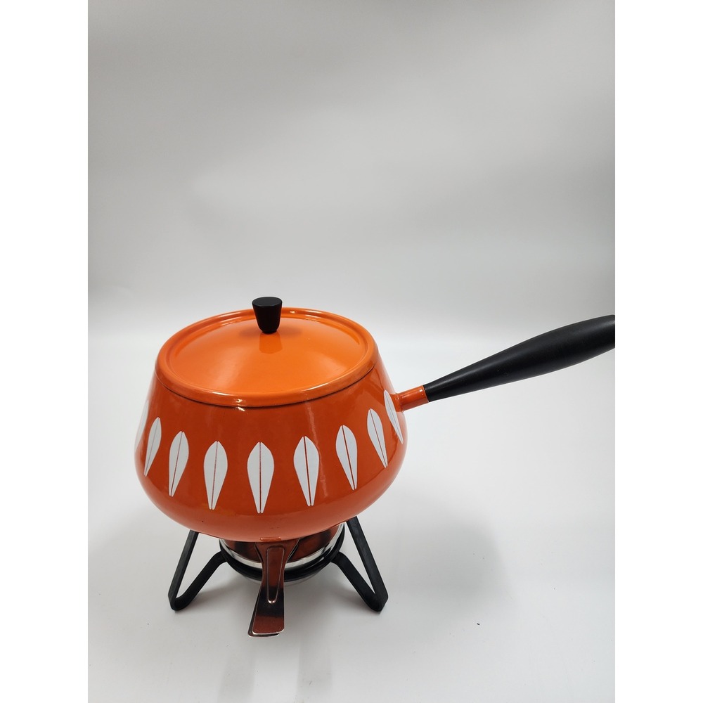 Cathrineholm Lotus Fondue Set Orange White Enamel Mid Century Modern Norway MCM
